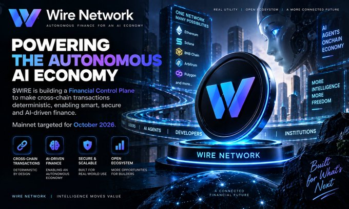 A promotional banner for "Wire Network" with the tagline "POWERING THE AUTONOMOUS AI ECONOMY," showing a futuristic city, a robot, and logos for Ethereum, Solana, BNB Chain, Arbitrum, and Polygon, with "Mainnet targeted for October 2026."