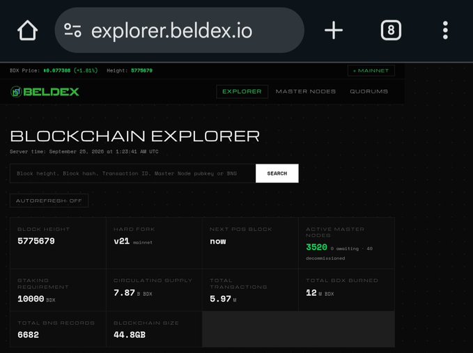 A screenshot of the 'explorer.beldex.io' blockchain explorer showing the Beldex (BDX) price at $0.077308 (+1.61%), block height 5775679, and various network statistics.
