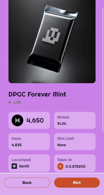 Mobile app screen showing an NFT minting interface for 'DPGC Forever Mint' with a black package, currently showing 4,650 minted out of 4,835 items on the 'SentX' launchpad.
