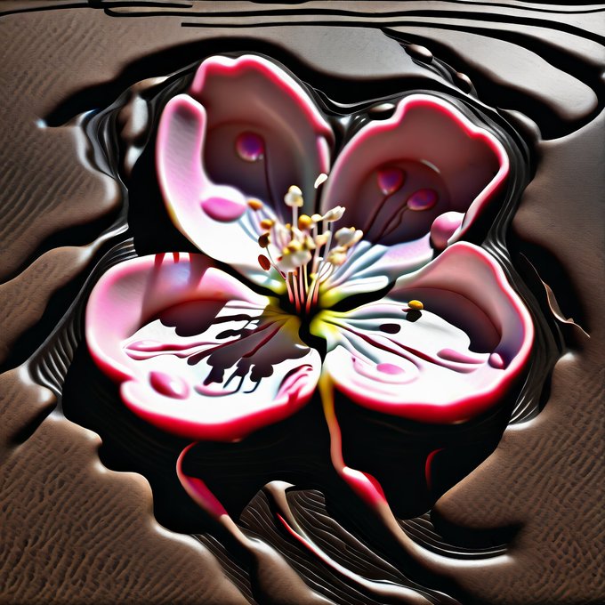 A close-up 3D rendering of a stylized pink cherry blossom flower with detailed stamens, surrounded by glossy black liquid pooling on a textured sandy surface.
