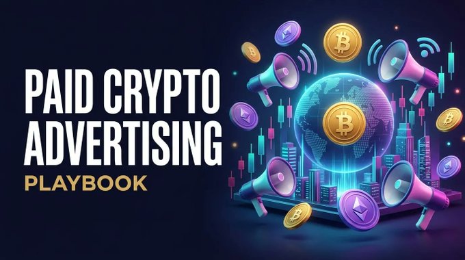 A promotional banner featuring the text "PAID CRYPTO ADVERTISING PLAYBOOK" alongside a stylized 3D illustration of a glowing Bitcoin globe surrounded by megaphones, crypto coins, and a trading chart, visually reinforcing the blog's theme of common pitfalls and strategies in paid crypto advertising campaigns.