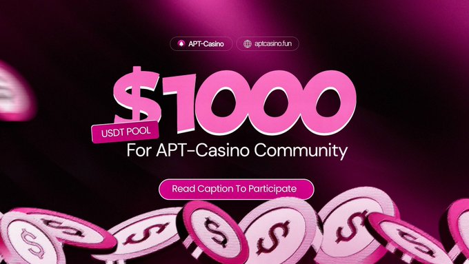 The image shows a pink banner with the text "USDT Pool For APT-CASINO COMMUNITY" displayed against a dark purple background. Below the banner, there are many coins scattered throughout the image. The main focus of the image is on this "usdt pool for apc casino".