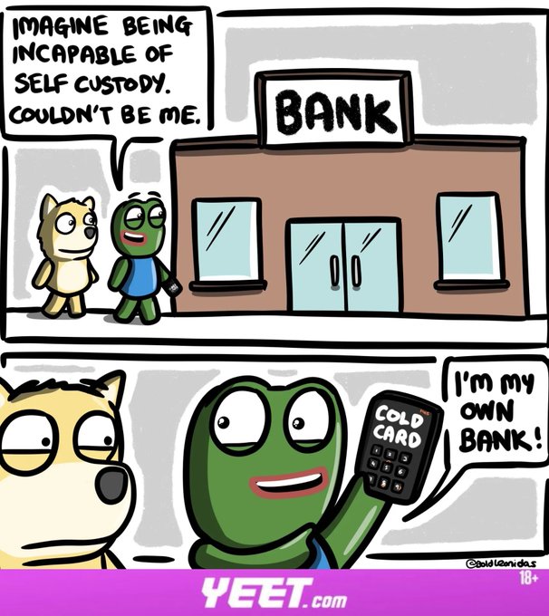 A green character smugly declares "I'm my own bank!" while holding up a "COLD CARD" device, mocking traditional banking alongside a cat friend who remarks "Imagine being incapable of self custody. Couldn't be me." This references the Coldcard wallet mentioned in the post's headline about a "Coldcard hack" in the crypto news roundup.