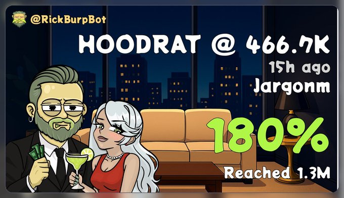The image shows a stylized cartoon of a bearded man in a suit holding cash next to a glamorous white-haired woman with a cocktail, captioned "HOODRAT @ 466.7K — 15h ago — Jargonm — 180% Reached 1.3M."

It visually celebrates a 180% gain to 1.3M from the HoodRat stock call made 15 hours ago, reinforcing the post's brag about delivering easy, direct targets and profitable results.