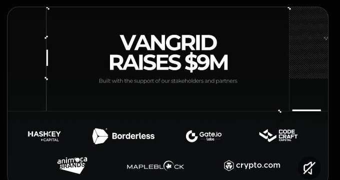 A graphic announcement reading 'VANGRID RAISES $9M' with subtitle 'Built with the support of our stakeholders and partners,' showing logos of backers including HashKey Capital, Borderless, Gate.io Labs, Code Craft Capital, Animega Brands, Mapleblock, and Crypto.com.