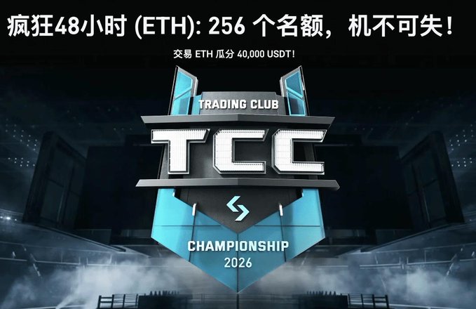 The image features a poster for an event called "TCCC" with a large blue shield that says "TCCC" at the top, and the year "2026" written below it. The poster also includes text in Chinese and English, which reads "Ethereum trading club championship 2026". The background of the poster is black, but there are some lights visible behind it, suggesting an indoor setting or a dimly lit room.