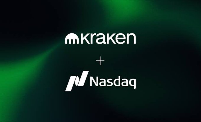 Dark green graphic displaying the 'kraken' logo above a plus sign and the 'Nasdaq' logo against an aurora-like background.