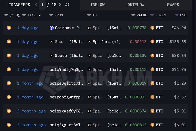 A cryptocurrency transaction tracker displays a list of Bitcoin transfers involving a wallet labeled "Spa..." (likely SpaceX), with amounts ranging from 0.000017 to 0.00213 BTC over the past 2 months. The transactions show BTC moving between multiple addresses (bc1q9nd5j7q3g..., bc1pa3qfctc7f..., etc.) without any transfers to known exchanges, supporting the claim that this was an internal wallet reshuffle rather than a sale.
