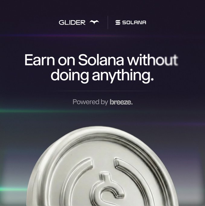The image features a silver coin with the text "Stop leaving money on the table. Your Solana assets can be earning yield automatically on Glider" written above it, along with some other text. The coin itself has a value of $USDC or USDS and is made of metal. It appears to be a small, shiny coin that could easily be held in one's hand. The image also includes a green background with white text, which further emphasizes the message about earning money on Solana without doing anything.
