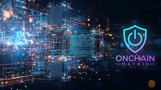Tech-themed graphic for 'ONCHAIN MATRIX' displaying a futuristic digital cityscape with floating data and code alongside a blue and purple shield logo.