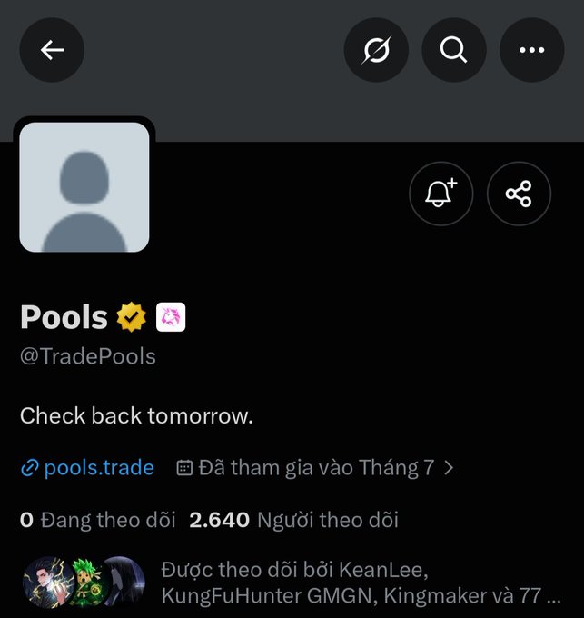 The image shows the Twitter/X profile of "Pools" (@TradePools), which has 2,640 followers and was joined in July, with their bio simply stating "Check back tomorrow." The profile directly relates to the post, which announces that Uniswap is launching its own launchpad called @TradePools, though the profile's mysterious tone suggests it may not yet be fully operational.