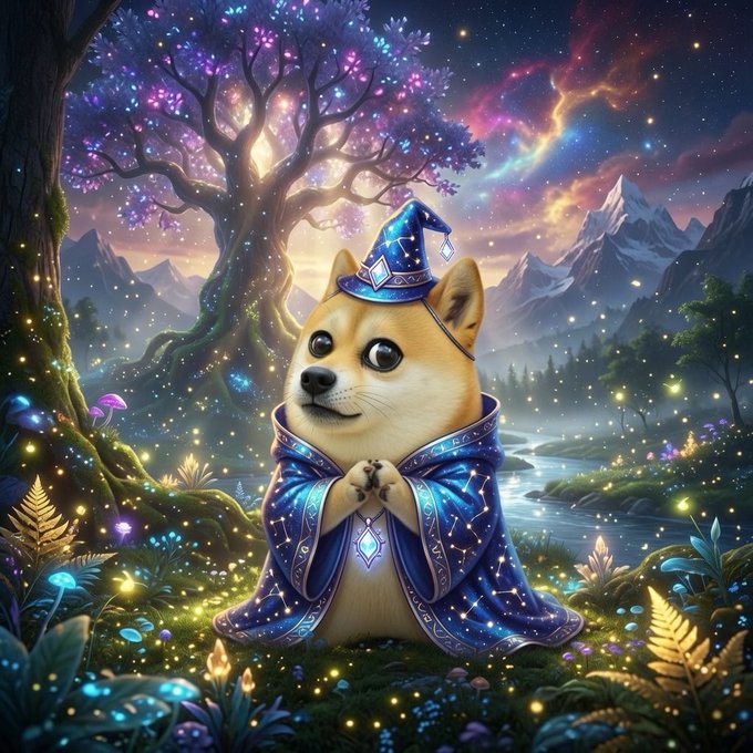 Digital artwork of a Shiba Inu dog wearing a wizard's hat and blue starry robe, sitting in a magical forest with glowing mushrooms and a starry sky.