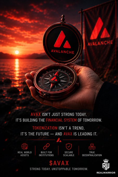 A dramatic promotional poster for Avalanche ($AVAX) showing a hand holding a compass with the AVAX logo against a sunset seascape, captioned 'STRONG TODAY. UNSTOPPABLE TOMORROW.' by REALWARRIOR.