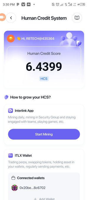 A mobile app screenshot showing the "Human Credit System" with a Human Credit Score of 6.4399 for user "HI_RBTECH@435364", featuring options to grow HCS via Interlink App and ITLX Wallet.