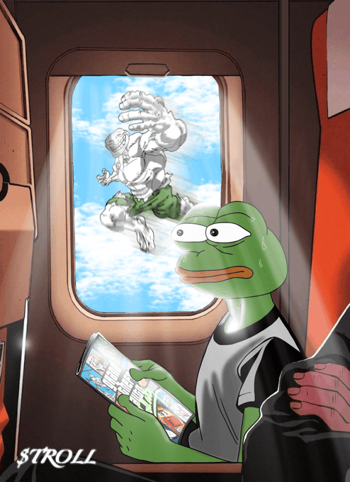 An illustration of the Pepe the Frog meme character looking anxiously out a window at a muscular white figure floating in the sky, while reading a newspaper in what appears to be a train or plane, signed "STROLL".