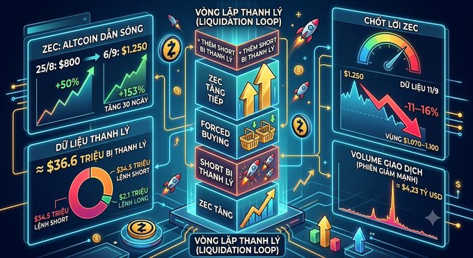 A detailed Vietnamese infographic explaining the "Vòng Lặp Thanh Lý (Liquidation Loop)" for ZEC altcoin, showing data charts including a $36.6 trillion liquidation estimate, a +153% surge in 30 days, and ZEC tang (ZEC increase) projections.