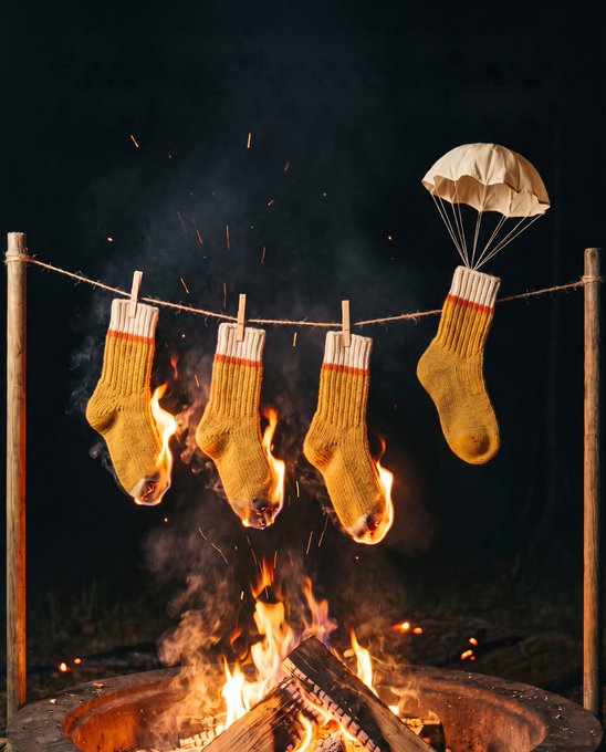 Three yellow socks hang on a clothesline above a burning fire pit, with the fourth sock floating away attached to a parachute. The image visually represents the post's description of how 75% of Sock Market's collected fees are burned, symbolizing the deflationary tokenomics where the parachuting sock escapes the flames while the others are destroyed.