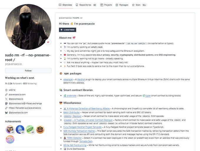 A GitHub profile page for user 'pcaversaccio' (pcaw.eth) displaying repositories and information about smart contract libraries, including 'create2deployer' and the 'Safe Transaction History Hashes' script.