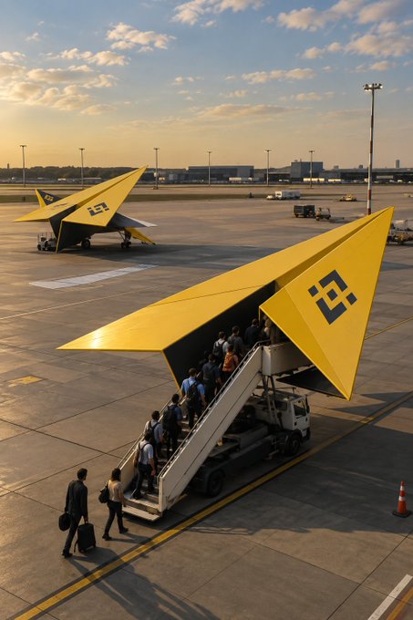 A line of passengers boards a bright yellow, geometric aircraft marked with the Binance logo via a mobile staircase on the tarmac, as a second identical jet waits nearby, evoking the "Where to next?" prompt with its futuristic travel-forward aesthetic.