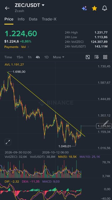A Binance chart shows ZEC/USDT at $1,224.60, up 8.86% in 24 hours, with a recent low of $1,049.01 and a visible AVL trendline. The chart supports the post’s bullish “Soon again $ZEC season” sentiment.
