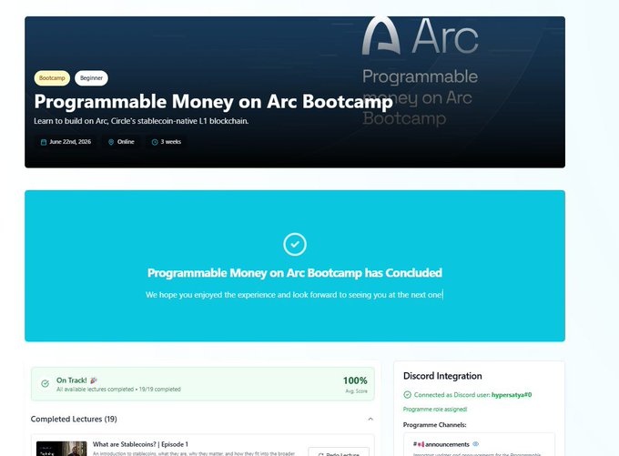 An Arc Bootcamp completion page titled 'Programmable Money on Arc Bootcamp' showing it has concluded with 100% average lectures completed, Discord integration connected to username 'hyperstatyx#0', and 19 completed lectures.