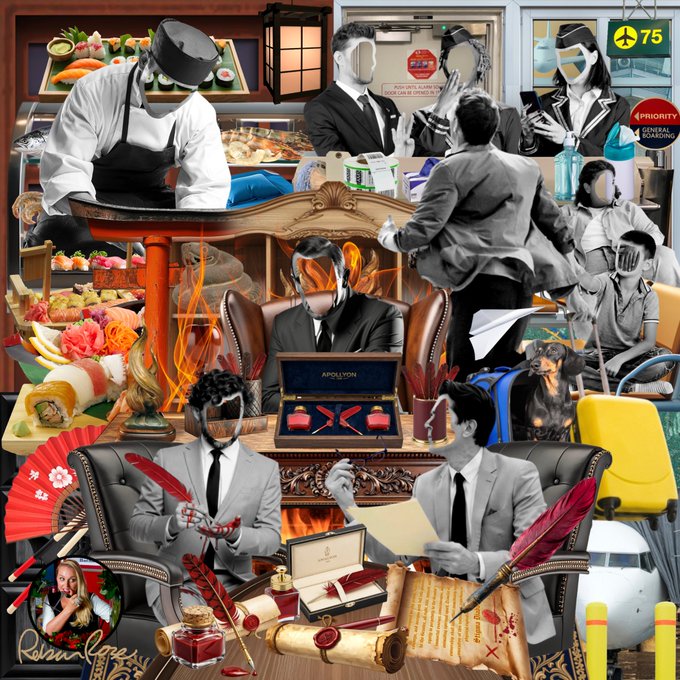 A surreal collage of multiple black-and-white photos featuring suited figures with obscured faces in various scenes including a sushi chef, office workers, and lounge settings, with faces covered by Japanese masks and other elements.