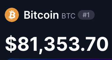 A digital display showing Bitcoin (BTC) ranked #1 with a price of $81,353.70.