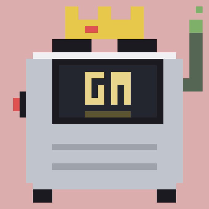 A minimalist pixel art illustration of a gray machine or appliance with a yellow crown on top, featuring a digital display reading "Gn" and a green pipe extending from the right side.