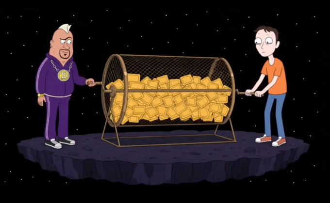 A cartoon illustration showing a wealthy man in a purple tracksuit with a gold chain spinning a large raffle drum containing cheese blocks, with a thin man in an orange shirt helping turn it, set on a floating rock in space.