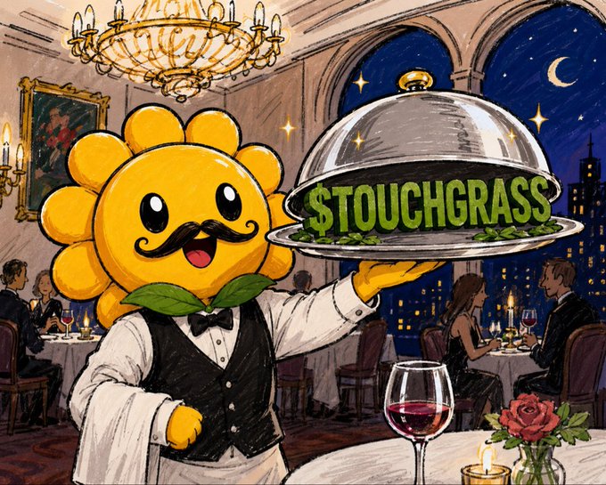 A whimsical illustration of a sunflower-headed waiter with a mustache serving a fancy restaurant, presenting a silver cloche that reveals the green text "$TOUCHGRASS" as the main course.