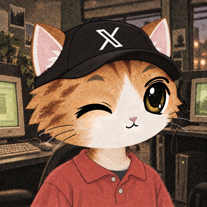 An anime-style illustration of a cute brown tabby cat wearing a black cap with a white 'X' logo and a red polo shirt, winking in what appears to be an office setting.