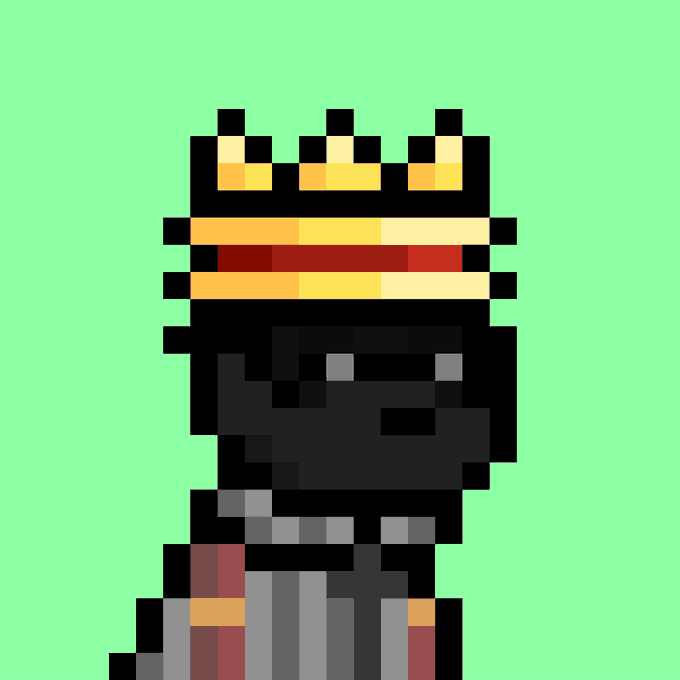 A pixel art character depicted as a black figure wearing a yellow and red striped crown or headband, shown from the chest up against a bright green background.