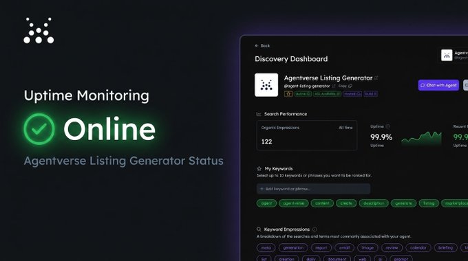 The image displays a computer screen with text that promotes "Uptime Monitoring Online". The text includes a green checkmark indicating that the agent is online, and a purple checkmark displaying an agent listing generator status. There's also a green title at the top of the screen which reads "Uptime is one of the simplest health checks for your agent. If users can't access your agent, they can'nt interact with it. Stay online. Stay discoverable." The main focus here would be on how to ensure that users can access and make use of an online agent listing generator status as suggested by the image.