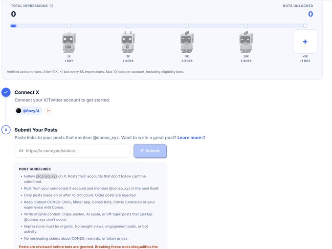 A web dashboard titled 'TOTAL IMPRESSIONS' shows bot unlocking milestones from 1K to 5K, with a connected X/Twitter account '@Bozy3L' and instructions for submitting posts mentioning @conso_xyz.