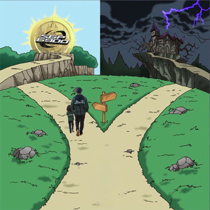 A split-illustration showing a person and child walking down a forked path toward either a sunny landscape with a gold 'S2 5000' coin or a dark stormy scene with a haunted castle.