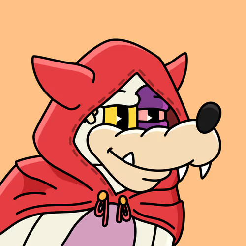 Cartoon drawing of a mischievous red hooded animal character with sharp fangs, a black nose, and one purple eye.