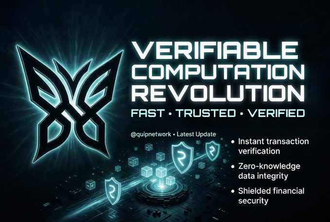 The image features a poster for Quip Network that highlights their Verifiable Computation Revolution. The poster includes a blue butterfly logo with the text "Verifiable Computation Revolution" written above it, as well as a list of benefits such as fast transactions, trusted verification, and data integrity. The background is dark, which contrasts with the light blue butterfly logo.