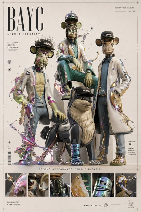 A promotional poster for 'BAYC Vol. 07 - Liquid Identity' showcasing four anthropomorphic ape characters in fashionable streetwear alongside a dog, with text 'BEYOND APPEARANCE, THIS IS IDENTITY' at the bottom.