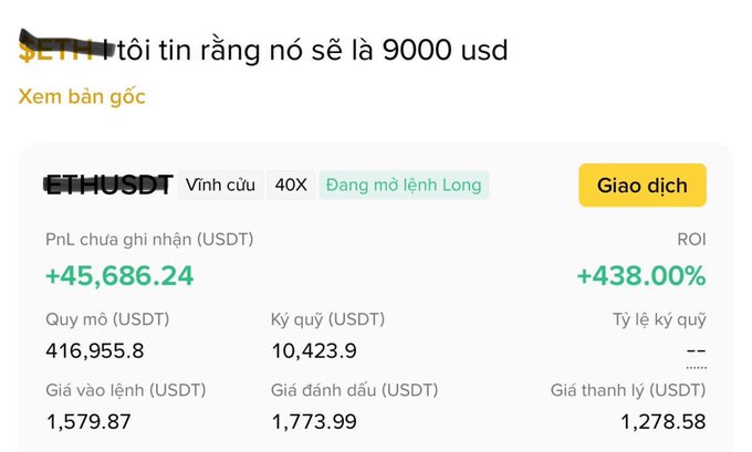 A cryptocurrency trading interface on Binance showing an ETH/USDT perpetual position with 40x leverage, displaying a PnL of +45,686.24 USDT and an ROI of +438.00%.