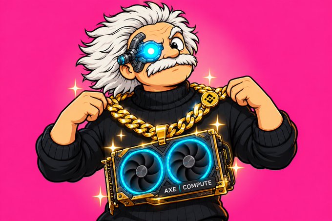 A cartoon illustration of a white-haired man with a mechanical blue glowing eye wearing a black sweater and gold chain, showing off a dual-fan graphics card labeled 'AXE | COMPUTE'.