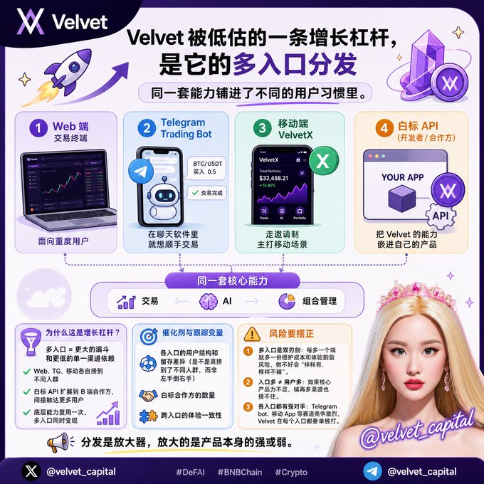 A Chinese-language infographic for 'Velvet' explaining its multi-channel distribution growth, featuring sections on Web, Telegram, Mobile, and White-label API, along with an anime-style character.