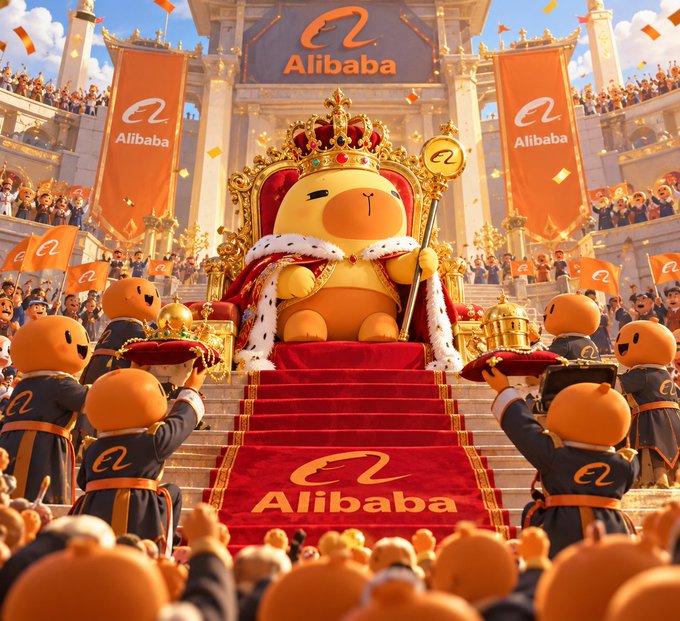 A digital illustration depicting an Alibaba-themed coronation scene, featuring a round orange mascot character wearing a royal robe and crown, seated on a throne on a red-carpeted staircase, surrounded by smaller orange mascots holding trays in front of a grand hall with 'Alibaba' banners.