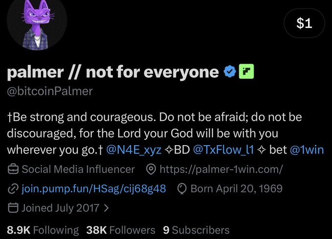 A Twitter/X profile for 'palmer // not for everyone' (@bitcoinPalmer) with a purple cat avatar, featuring a Bible verse from Joshua, $1 display, 8.9K Following, 38K Followers, 9 Subscribers, and references to @N4E_xyz, @TxFlow_l1, and @1win.