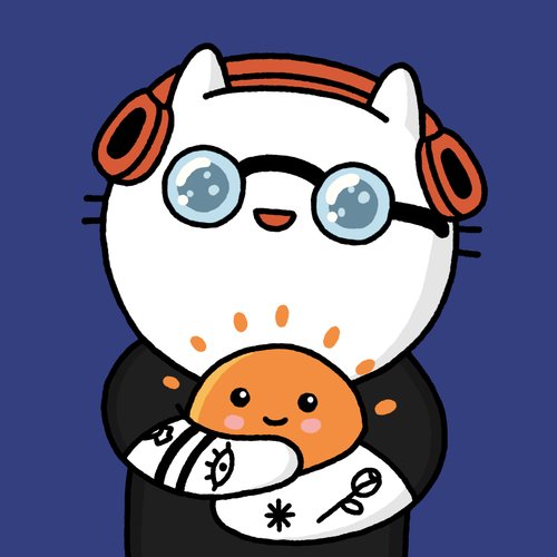 A cartoon white cat wearing red headphones and round glasses holds a small orange blob character, wearing a black hoodie with tattoo-style designs, set against a blue background.