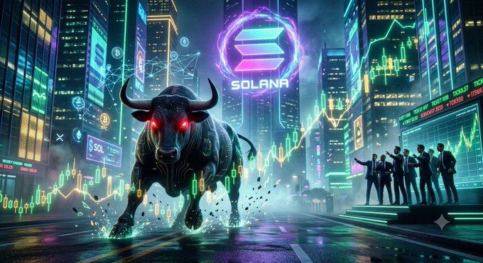 A dramatic digital art illustration of a mechanical bull with glowing red eyes charging through a futuristic cyberpunk cityscape, with the Solana logo prominently displayed and trading charts visible on screens.