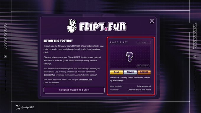 A digital interface for 'FLIPT.FUN' announcing an 'ENTER THE TESTNET' event with a 48-hour testnet and $500,000 prize pool, alongside a 'PHASE 0 NFT' card, posted by '@satyaXBT'.