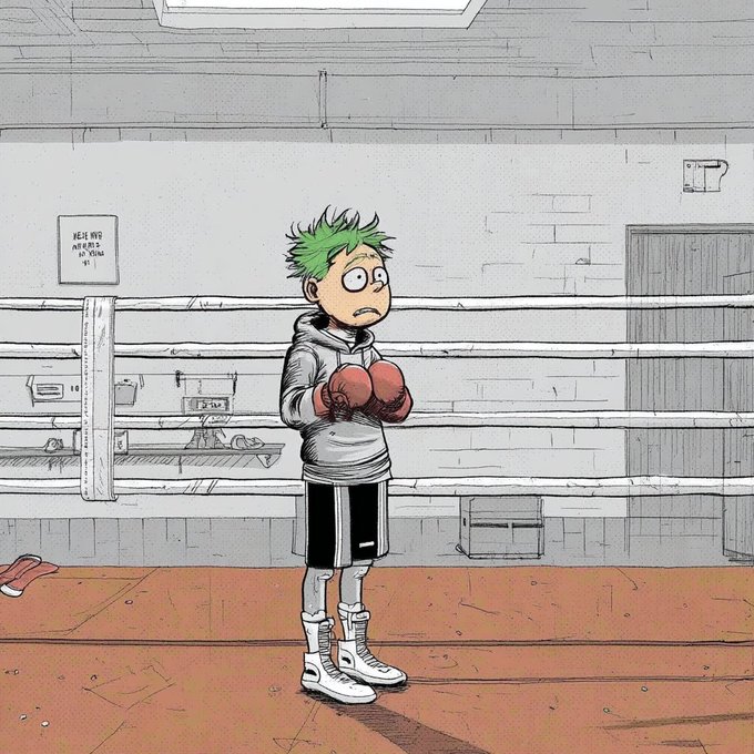 A young boxer with green hair stands nervously in a boxing ring wearing oversized boxing gloves, gray hoodie, black shorts, and white boots. The scene appears to be from an anime/manga illustration, with a sign on the wall reading "No Shoes" (along with "20m" and other partially visible text), humorously contrasting the post's reference to "GM stonkbroker fadooors" by depicting a small, hesitant fighter ready to face the stock market.
