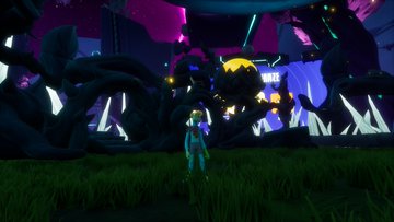 A character stands in a stylized, vibrant digital landscape featuring dark, swirling shapes and bright neon accents, capturing the "vibing out" atmosphere of a community meetup in the metaverse.