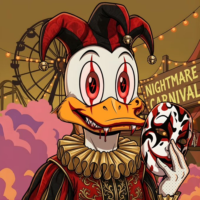 The image features a cartoon duck with red eyes, white face, and a red nose holding up a mask that has a black and white design. The background of the image shows a carnival or amusement park setting with a Ferris wheel visible. The caption on the image reads "It's Saturday let’s get our Quack on The @headuck_avax are on the move".