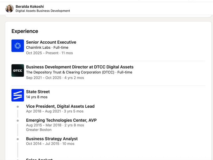 LinkedIn profile screenshot for Beralda Kokoshi in Digital Assets Business Development, listing experience as Senior Account Executive at Chainlink Labs, Business Development Director at DTCC Digital Assets, and various roles at State Street.